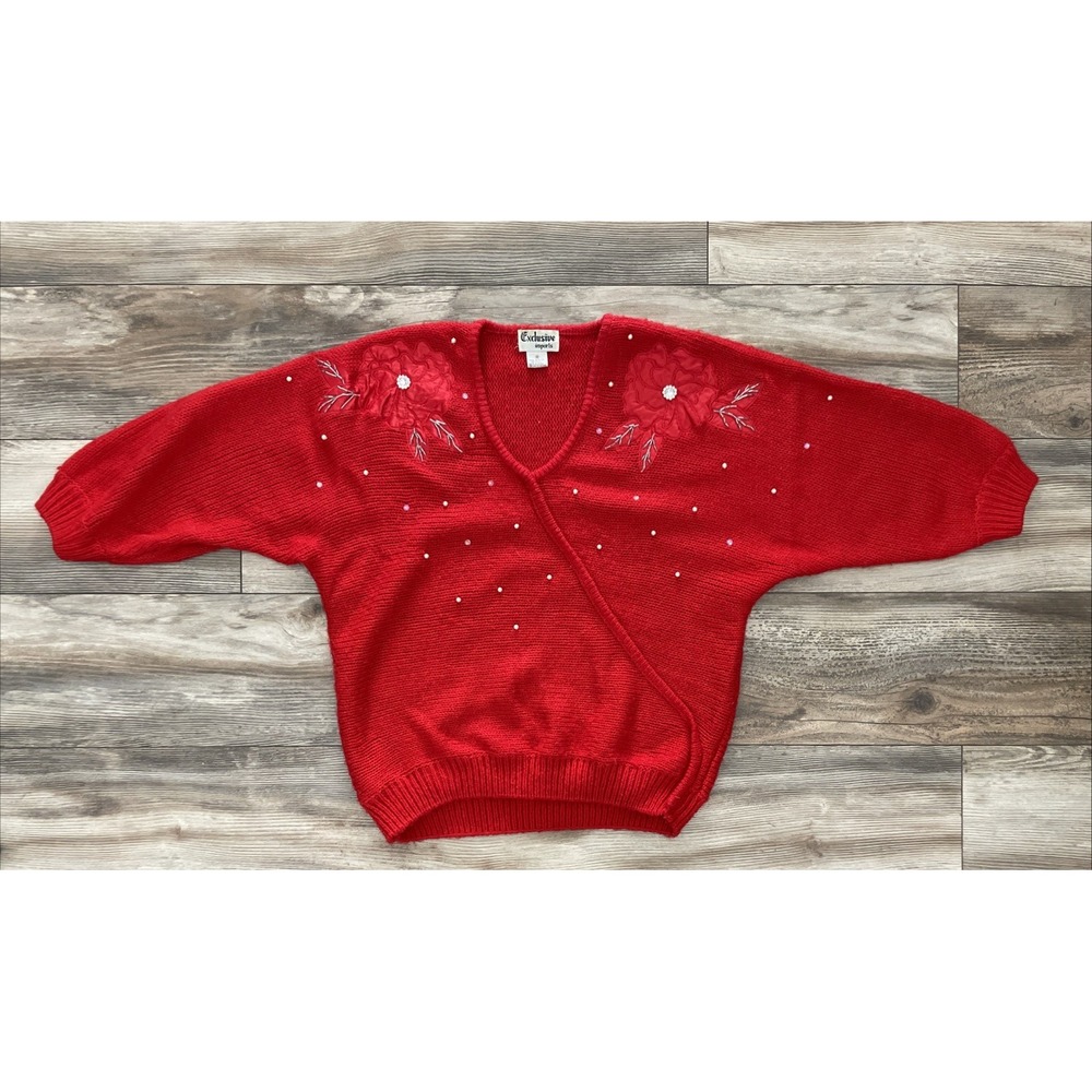 Vintage Exclusive Imports Womens Red Floral Sweater Med Cottage Pearl Knit